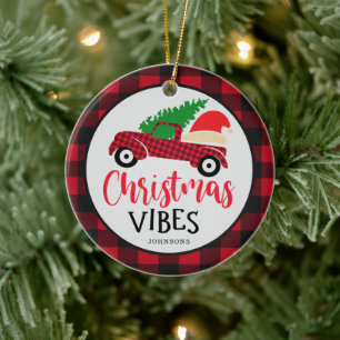 Ornamento De Cerâmica Red Buffalo Xadrez Caminhão Santa Hat Vibes de Na