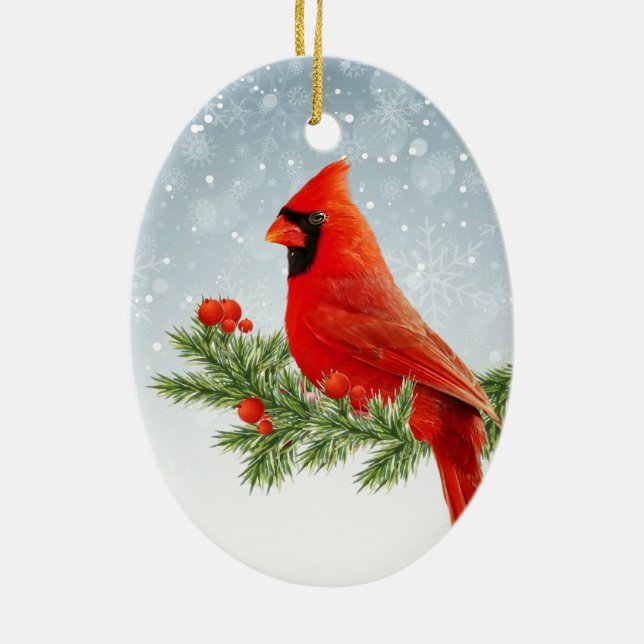 Ornamento De Cerâmica Red Cardinal Bird, adorno de Natal feliz (Verso)