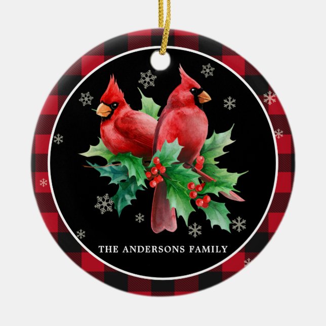 Ornamento De Cerâmica Red Cardinals Holly Berries Personalized Christmas (Frente)