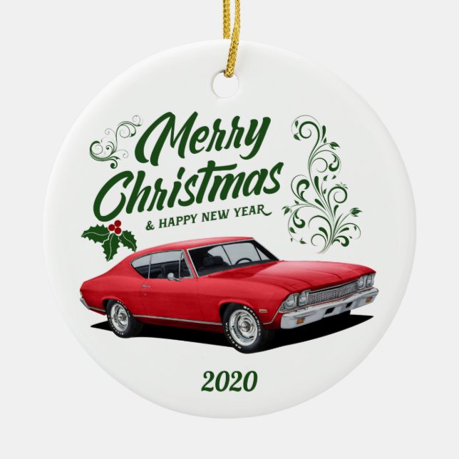 Ornamento De Cerâmica Red Chevelle Muscle Car Natal para 2020 (Frente)