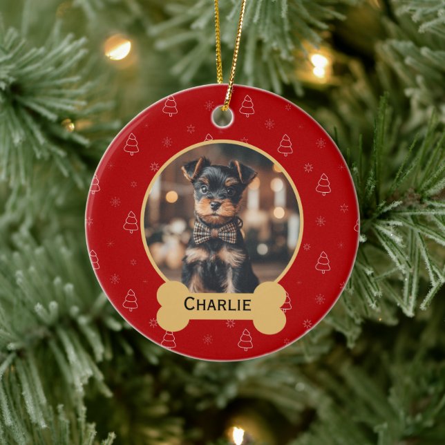 Ornamento De Cerâmica Red Christmas Dog Name Holiday Keepsake (Árvore)