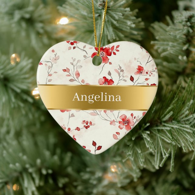 Ornamento De Cerâmica Red Cream Flowers Gold Ribbon Christmas (Árvore)