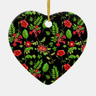 Ornamento De Cerâmica Red Daisies com padrão de folhas