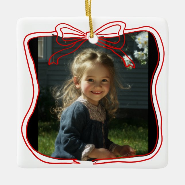 Ornamento De Cerâmica Red Doodle Bow Frame Custom Photo (Frente)