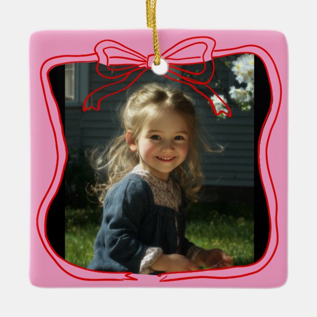 Ornamento De Cerâmica Red Doodle Bow Frame Custom Photo (Frente)