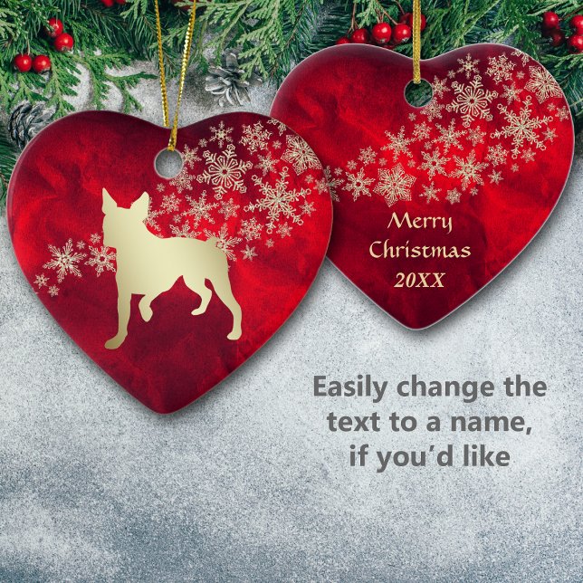 Ornamento De Cerâmica Red Dourado Snowflake Boston Terrier (Criador carregado)