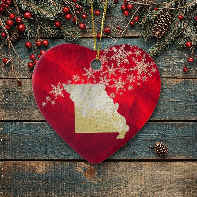 Ornamento De Cerâmica Red Dourado Snowflake Missouri Heart (Criador carregado)