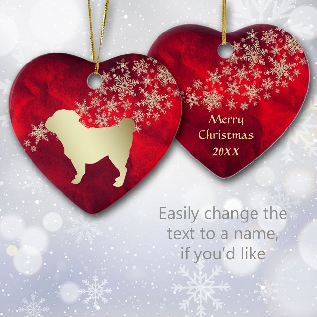 Ornamento De Cerâmica Red Dourado Snowflake Pug (Criador carregado)