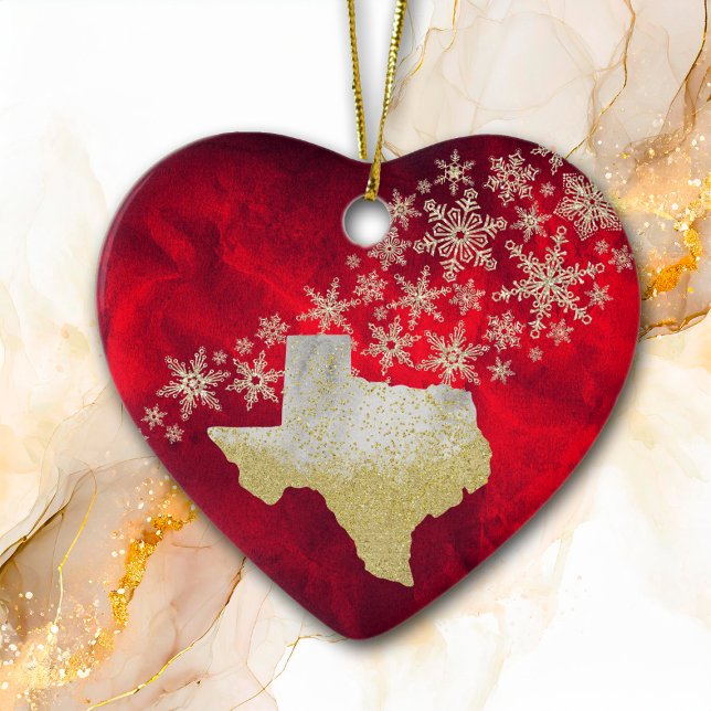 Ornamento De Cerâmica Red Dourado Snowflake Texas Heart (Criador carregado)