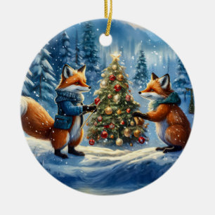 Ornamento De Cerâmica Red Foxes Holiday Design Por Rich AMeN Gill