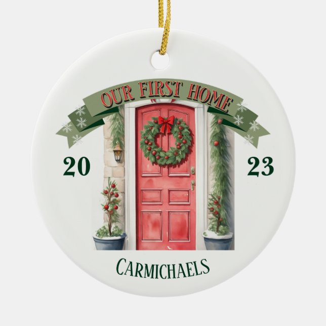 Ornamento De Cerâmica Red Front Door Personalizado Primeiro Natal Domést (Frente)
