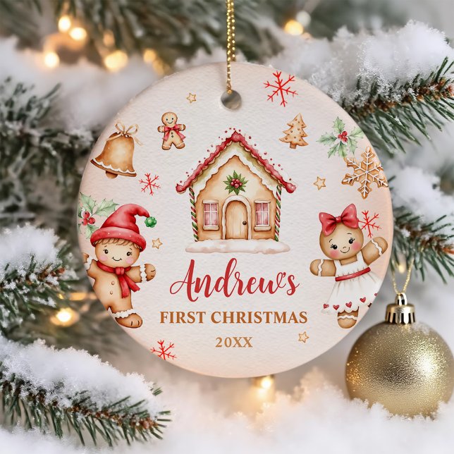 Ornamento De Cerâmica Red Gingerbread House 1st Birthday Party (Criador carregado)