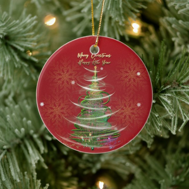 Ornamento De Cerâmica Red & Gold Snowflake Holiday ceramic ornament  (Árvore)