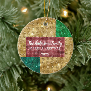 Ornamento De Cerâmica Red Green e Dourado Nome da Família Glitter