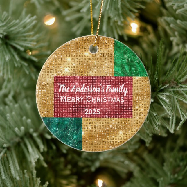 Ornamento De Cerâmica Red Green e Dourado Nome da Família Glitter (Árvore)
