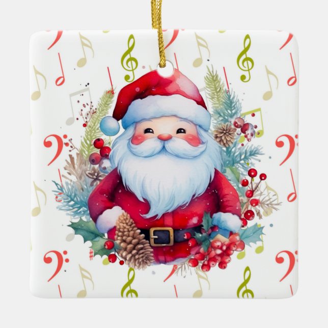 Ornamento De Cerâmica Red Green Music Notes e Papai Noel (Frente)
