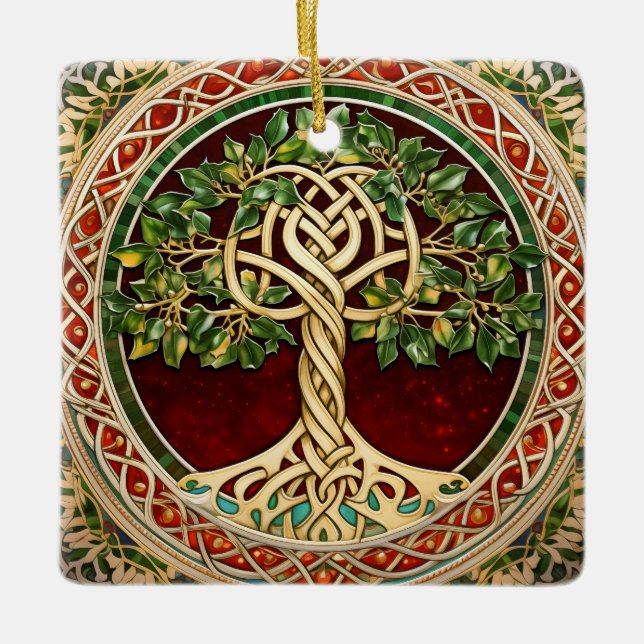 Ornamento De Cerâmica Red Green Tree Of Life Celtic Knot (Frente)
