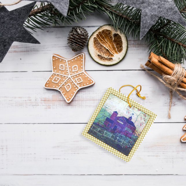 Ornamento De Cerâmica Red Hay Barn Ephemera (Criador carregado)