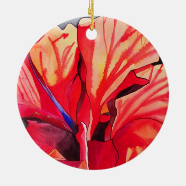 Ornamento De Cerâmica Red Hibiscus (flor tropical aquarela) (Traseira)