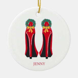 Ornamento De Cerâmica Red High Heels com Wredies de Natal