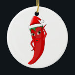 Ornamento De Cerâmica Red Hot Pepper Diva Com Santas Hat<br><div class="desc">Um personagem de desenho animado de pimenta vermelho e quente. Versão do Papai noel. Enfeites de natal decorativos para casas e empresas. Ideia do presente.</div>