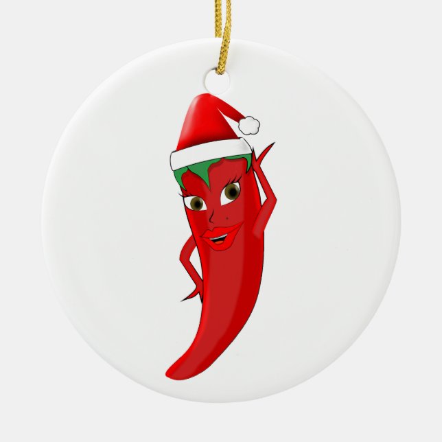 Ornamento De Cerâmica Red Hot Pepper Diva Com Santas Hat (Frente)