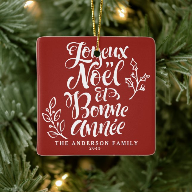 Ornamento De Cerâmica Red Joyeux Noël e Bonne Année Calliographic (Árvore)