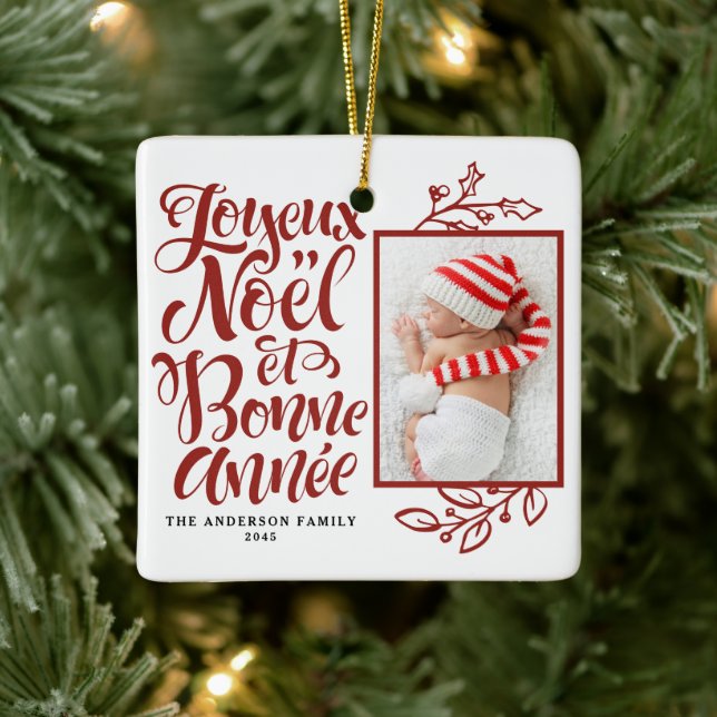 Ornamento De Cerâmica Red Joyeux Noël e Bonne Année Photo (Árvore)