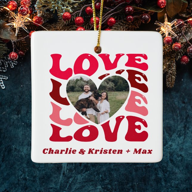 Ornamento De Cerâmica Red Love Custom Couple Names & Photo Heart (Red Love Custom Couple Names & Photo Heart Ceramic Ornament
)