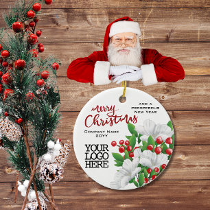 Ornamento De Cerâmica Red Merry Christmas Business Logo Berries Floral