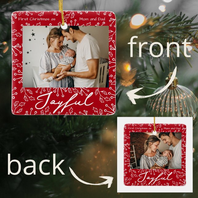 Ornamento De Cerâmica Red Mistletoe Doodles 2 Photos Joyful  (Criador carregado)