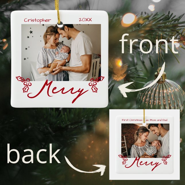 Ornamento De Cerâmica Red Mistletoe Doodles 2 Photos Merry (Criador carregado)