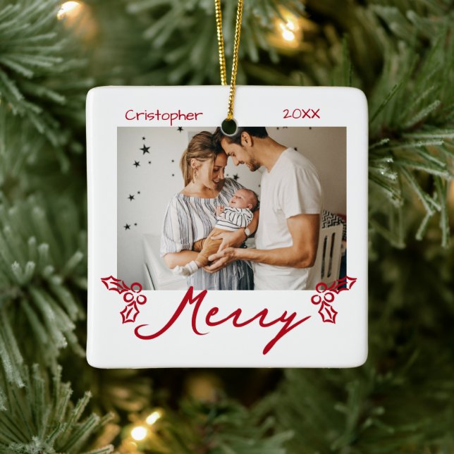 Ornamento De Cerâmica Red Mistletoe Doodles 2 Photos Merry (Árvore)