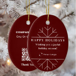 Ornamento De Cerâmica Red Modern Christmas Business Logo QR code<br><div class="desc">Elegante e mínimo Enfeites de natal com a citação "Desejando a você uma feliz temporada de festas!". Adicione texto,  seu logotipo e seu URL para criar o código QR.</div>