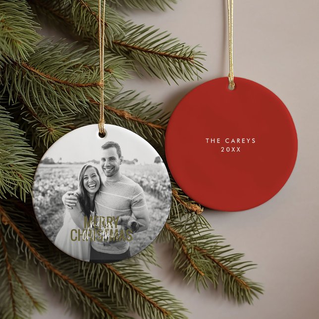 Ornamento De Cerâmica Red Modern Felry Foto Personalizada de Natal (Red Modern Merry Christmas Custom Photo Ceramic Ornament)