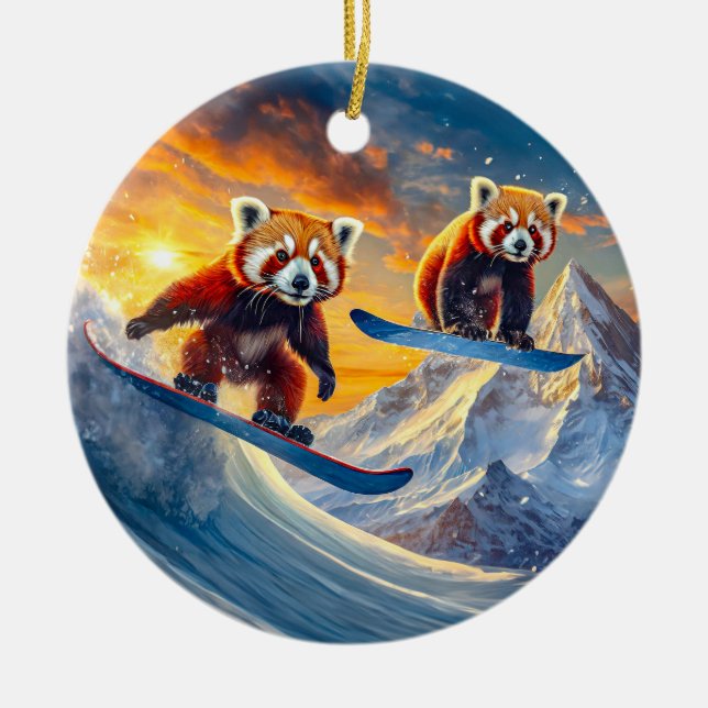 Ornamento De Cerâmica Red Pandas Snowboard Design por Rich AMeN Gill (Frente)
