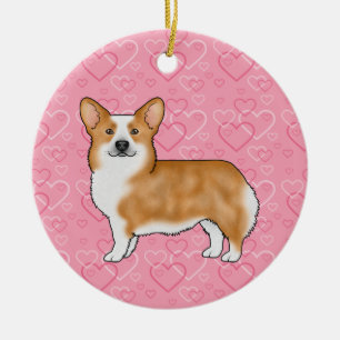 Ornamento De Cerâmica Red Pembroke Welsh Corgi Em Corações Rosa Com Nome