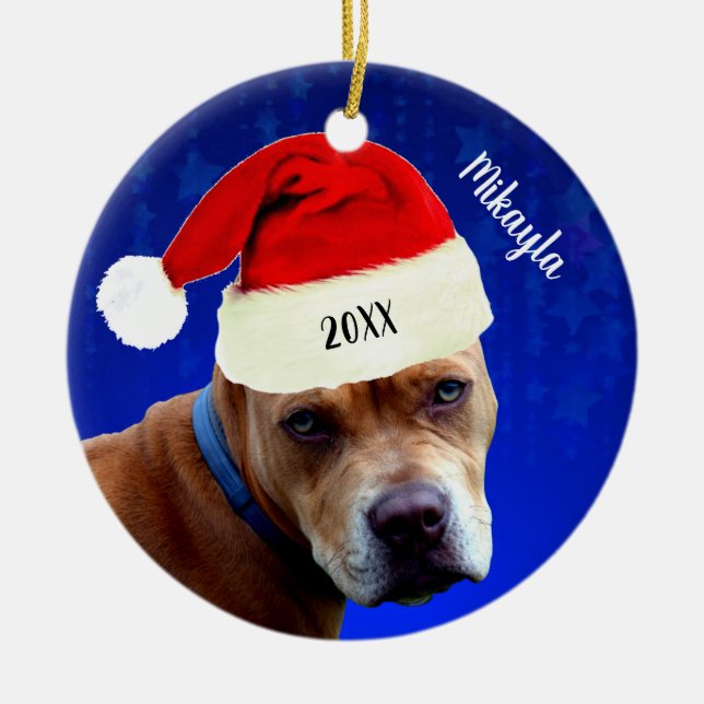 Ornamento De Cerâmica Red Pit Bull com Natal (Frente)