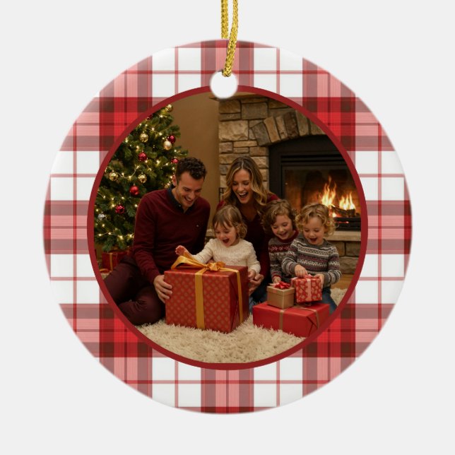 Ornamento De Cerâmica Red Plaid Family Christmas (Frente)