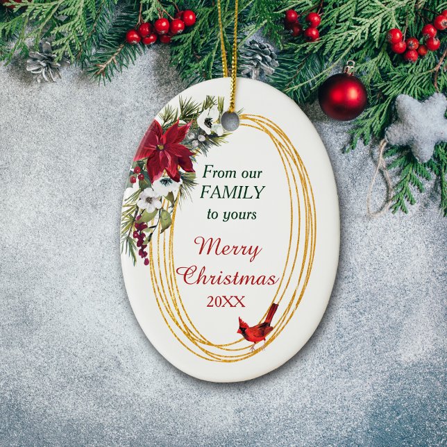 Ornamento De Cerâmica Red Poinsettia Cardeal Frame Dourado Natal (Criador carregado)