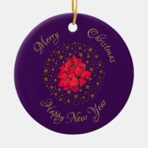 Ornamento De Cerâmica Red Poinsettia Plant on glitter starry roxo sky
