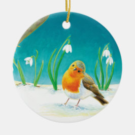 Ornamento De Cerâmica Red Robin Bird e Snowdrops Ilustração