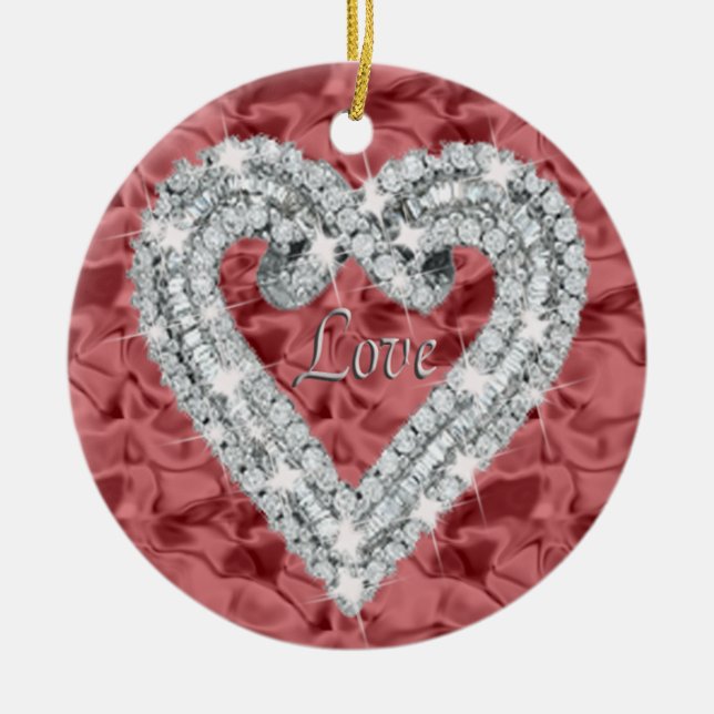 Ornamento De Cerâmica Red Round Love Diamond Heart Ornament (Frente)