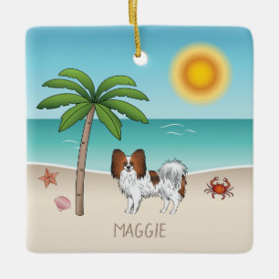 Ornamento De Cerâmica Red Sable Papillon Cão Em Uma Praia Tropical De Ve