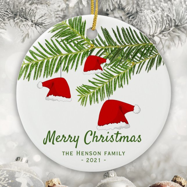 Ornamento De Cerâmica Red Santa Hat Modern Pine Feliz Natal (Criador carregado)