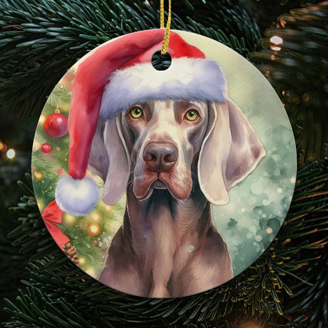 Ornamento De Cerâmica Red Santa Hat Weimaraner Dog Natal (Criador carregado)