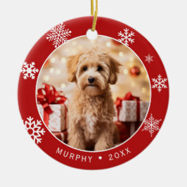 Ornamento De Cerâmica Red Snowflake Double-Sided Dog Photo Ornament