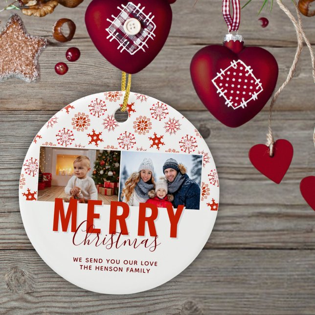 Ornamento De Cerâmica Red Snowflake Família Felry Natal 2 Fotos (Criador carregado)