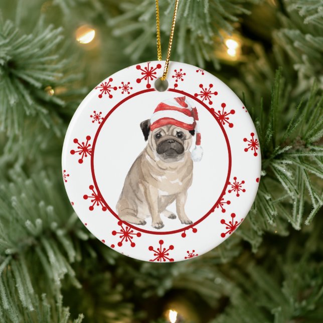 Ornamento De Cerâmica Red Snowflake Santa Hat Pug Natal (Árvore)