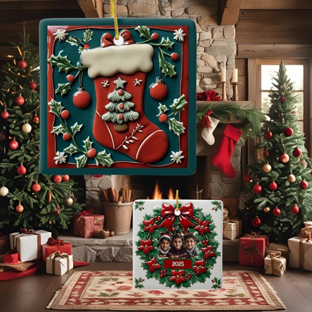 Ornamento De Cerâmica Red Stocks Natal Personalizável (Criador carregado)